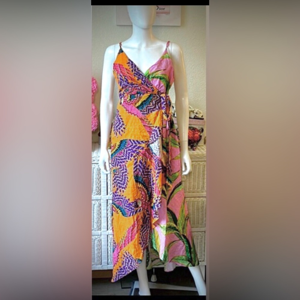 Farm Rio Maxi Dress Cotton Surplice Low Cut Multicolor Tropical Print size S